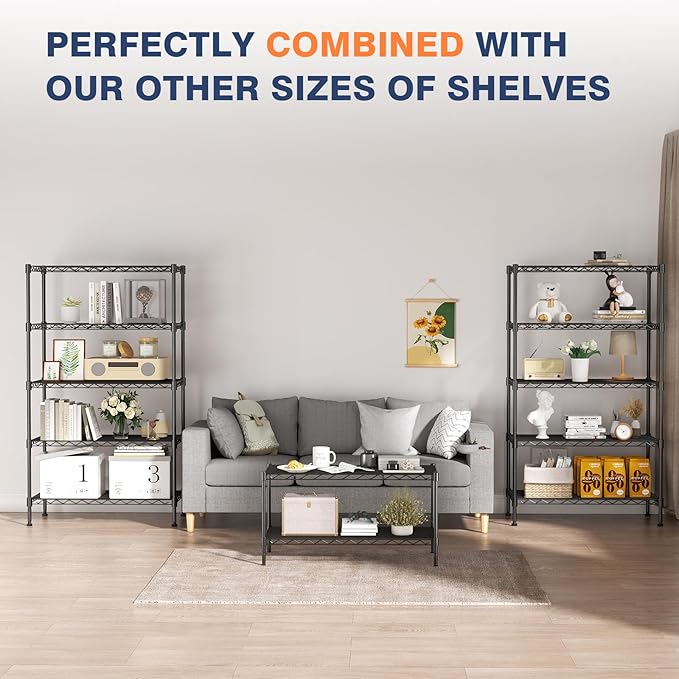 VANZBON 5-Tier Heavy Duty Wire Shelving Unit,35" Wx18 Dx71 H,Wire Shelf Racks with Wheels,Height Adjustable Storage Metal Shelves for Kitchen,Garage,Office,Living Room,Pantry,Black