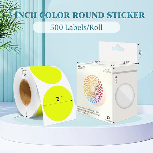 2 Inch Round Color Coding Labels (500 Count) - Fluorescent Yellow Dot Stickers Circle Labels with Dispenser Box for Warehouse, Filing, Industrial, Office Organization