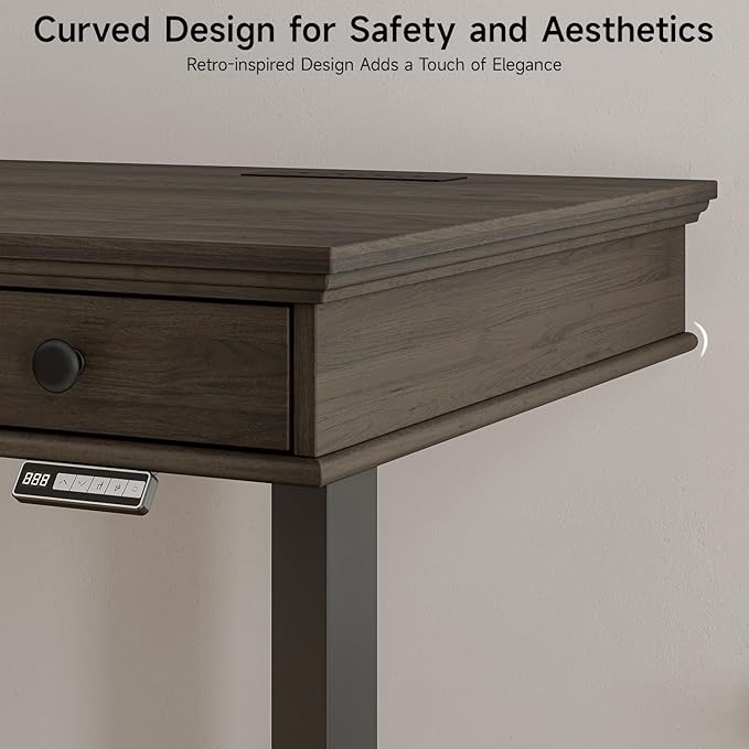 ONBRILL Standing Desk with Drawers, 55 x 23 Inch Electric Height Adjustable Desk with Storage & Outlets, for Computer Workstation, Home Office, Retro Curved Table Corner Design, Dark Walnut