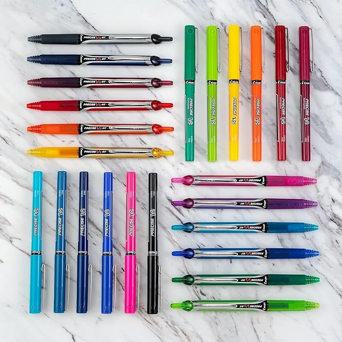 Precise V5 Stick Rolling Ball Pens, Extra Fine Point (.5mm), Assorted Colors Black/Blue/Red Ink, 4-pk; Bundle with Plastic Reusable Pouch