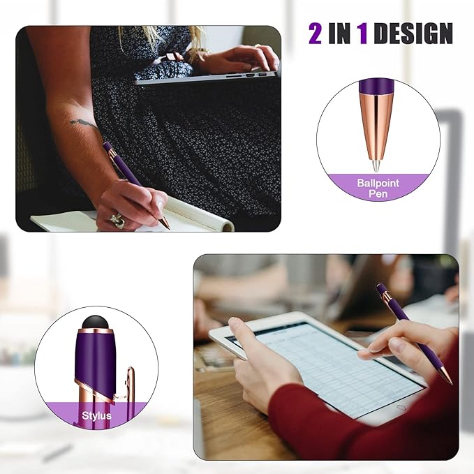 Tenare 12 Pieces 2 in 1 Stylus Metal Ballpoint Pen with Stylus Tip, 1.0 mm Black Ink Ballpoint Pen for Touch Screens(Purple and Rose Gold)