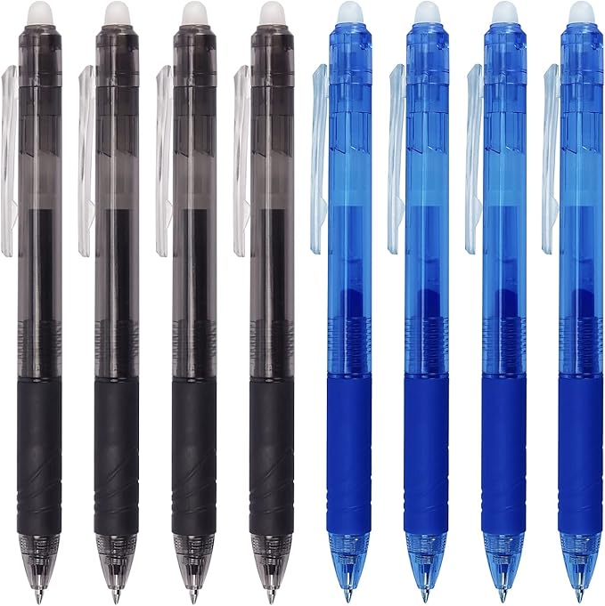 8 Pack Retractable Erasable Gel Pens Clicker Fine Point 0.7mm, Make Mistakes Disappear Comfort Grip for Drawing Writing Planner and School Supplies, Black and Blue Color Inks