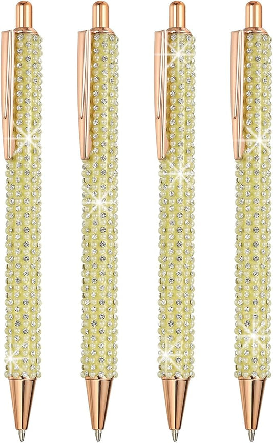 PATIKIL Rhinestone Metal Ballpoint Pen, 4 Pack Crystal Pearl Pens Black Ink 1.0mm Point Sparkly for Women Gift Office Note Taking Journaling, Yellow