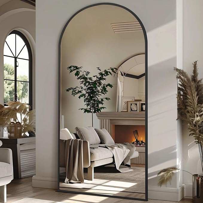 76"X34" Large Arched Floor Mirror Full Length with Stand, Black Hanging or Leaning Standing Full Length Mirror for Bedroom Living Room Gym, Full Body Mirror Wall Mounted, Tempered Glass