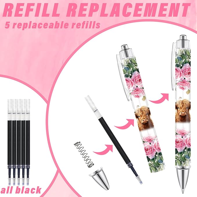 8PCS Highland Cow Print Pens with 5 Extra Black Refills Rustic Themed Party Gifts Office Decor Smooth Write Quick-Dry Ink Souvenir for Women Cute Ballpoint Pens for School Home Accessories Stationary