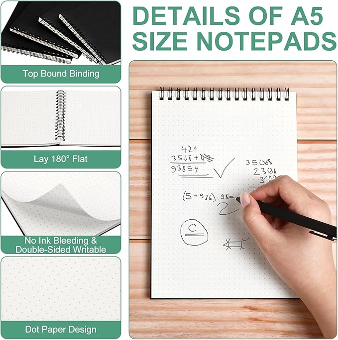 Engrowtic Dot Grid Notebook Top Spiral Notebook A5 Size Bullet Dotted Paper Hardcover Dot Journal 8.3''x 5.8'' 140 Pages Spiral Notepads for Sketching Drawing Writing School Office(Black,12 Pcs)