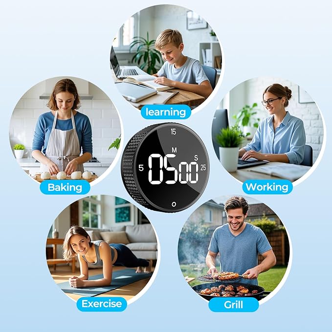 Rechargeable Magnetic Kitchen Timer for Cooking, Building 800mAh Battery Large Display Digital Countdown Countup Timer, 3 Preset 5/15/25 Mins Loud Alarm for Baking Grilling Studying - 2PCS