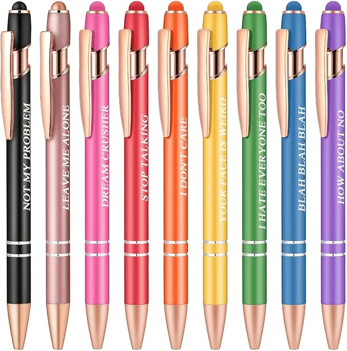 Aozora 9 Pack Ballpoint Pens Smooth Writing 2-in-1 Stylus Retractable Ballpoint Pen with Stylus tip, Office Decor Metal Stylus Pen for Touch Screens, 1.0 mm Black Ink (Funny)