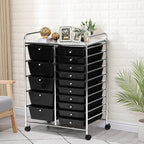 COSTWAY 15 Drawer Rolling Storage Cart, Multipurpose Mobile Storage Organizer w/Removable Drawers & Metal Frame, Utility Tools Paper Organizer on Wheels for Home, Office (Black)