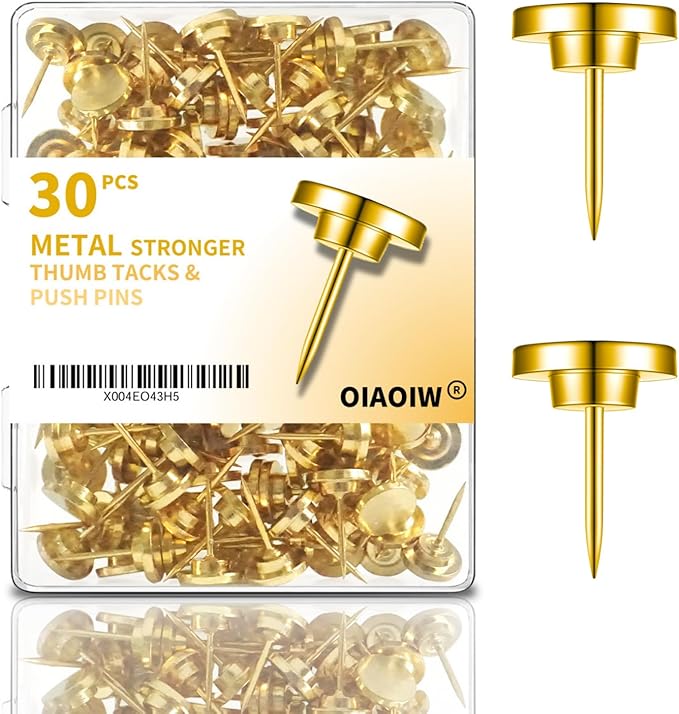 30 PCS Metal Gold Push Pins for Wall Clear Thumb Tacks for Walls Flat thumbtacks Push pin for Bulletin Board Shadow Box Display Thumbtack for Cork Board (Gold)
