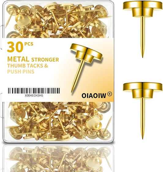 30 PCS Metal Gold Push Pins for Wall Clear Thumb Tacks for Walls Flat thumbtacks Push pin for Bulletin Board Shadow Box Display Thumbtack for Cork Board (Gold)