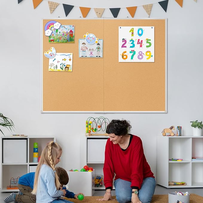 AMUSIGHT Double-Sided Large Cork Board, 48" x 36" Foldable Hanging Aluminum Framed Bulletin Board, Vision Board Pin Board Corkboards for Walls, Office, School Decor, 20 Pushpins