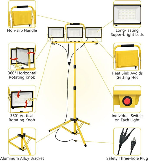 21000 Lumens Work Lights with Stand, 3 Head Portable LED Work Light,IP65 Waterproof Led Flood Light for Outdoor Indoor Job Site Workshop Garage Construction Site Lighting
