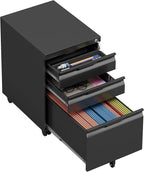 LONGLINK 3 Drawer Mobile File Cabinet with Lock,Under Desk Metal Filing Cabinets with Wheels for Home Office Organizer Letters/Legal/A4(Easy Assemble-Black)