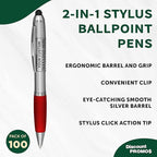DISCOUNT PROMOS Custom Stylus Ballpoint Pens Set of 100, Personalized Bulk Pack - Black Ink, Great for Office, School, Business, Tradeshows, Events - Red