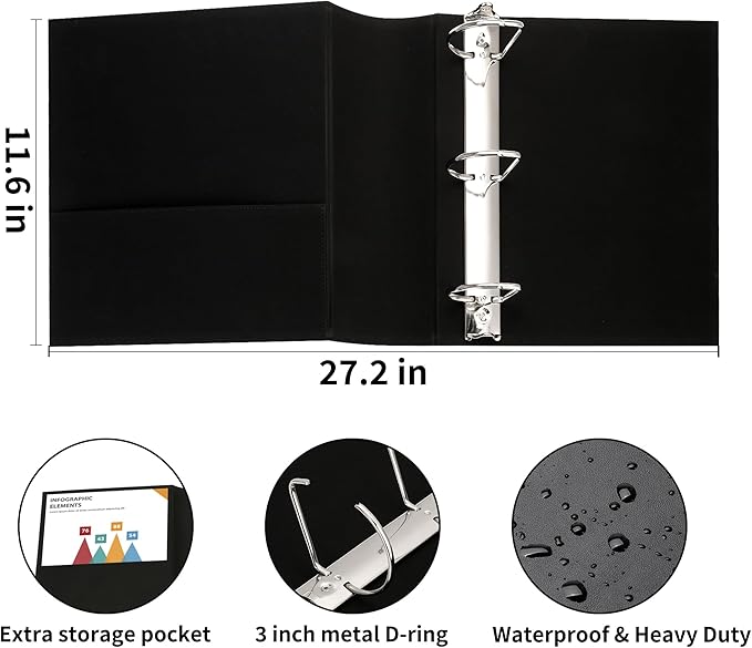 LETVPVOW Vintage Hardback 3 Ring Binder 3 Inch, Professional Leather Binder 3 Ring, D Ring Binders Fits 8.5 x 11, Three Ring Binders for Photo Album, Home, School and Office Supplies- Black