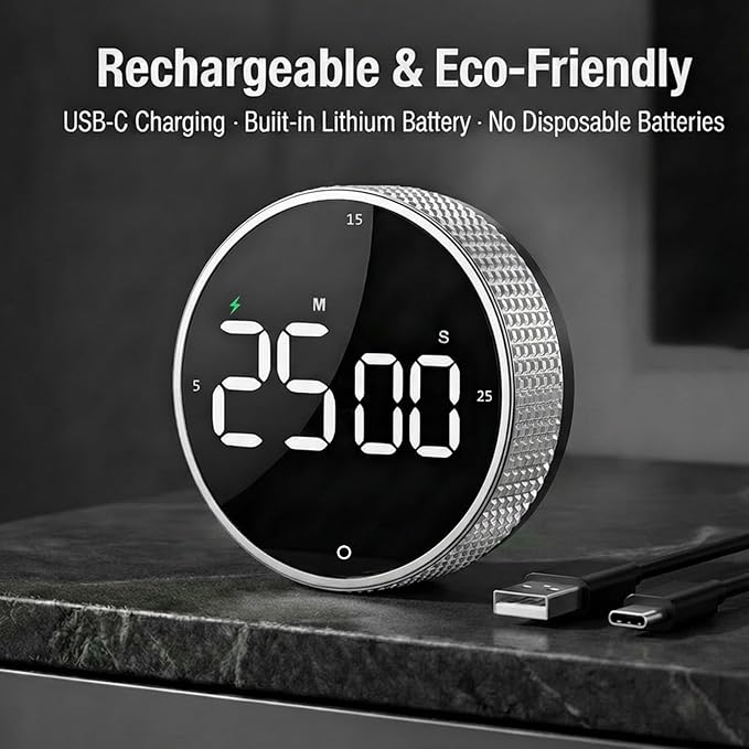 Rechargeable Magnetic Kitchen Timer,LED Countdown/Up Timer, Supports USB-C Charging,with Loud Alarm,3 Preset Quick Times(5/15/25m),Perfect for Kitchen Cooking, Studying, and Fitness (Silver)