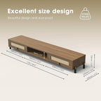 Fenge Dual Monitor Stand for Desk - Long Wooden Riser With Rattan Woven Drawer, 2 Tier Desk Shelf for 2 Monitors, Vintage Computer Stand for Laptop, Printer, TV
