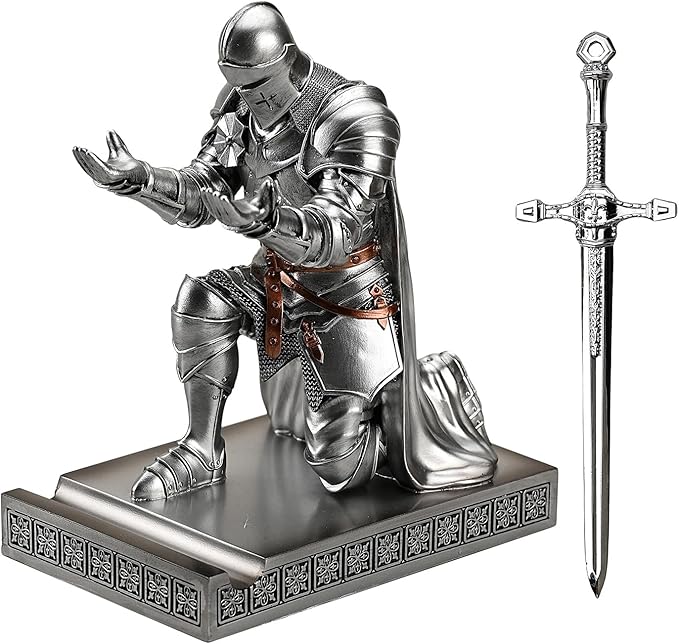Amoysanli Medieval Armored Warrior Wearing Outerwear, Mobile Phone Stand Knight Pen Holder Desk Organizers, Resin Bookends Paperweight with a Letter Opener for Desk (Silver)