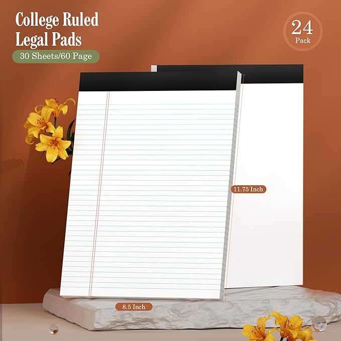 PINJINGPRO 24 Pack White Legal Pads 8.5 x 11 Writing Note Pads College Ruled Writing Pads 8.5 x 11, Lined Paper Pads, 30 Sheet/Notepad, 38 Lines Perforated Notepads 8.5 x 11'' for School, Home, Office