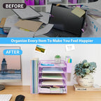 Gugsey Desk Organizer, 5-Tier Paper Letter Tray Organizer with File Holder, Drawer and Pen Holder, Desktop Organizer for Office Supplies, Purple