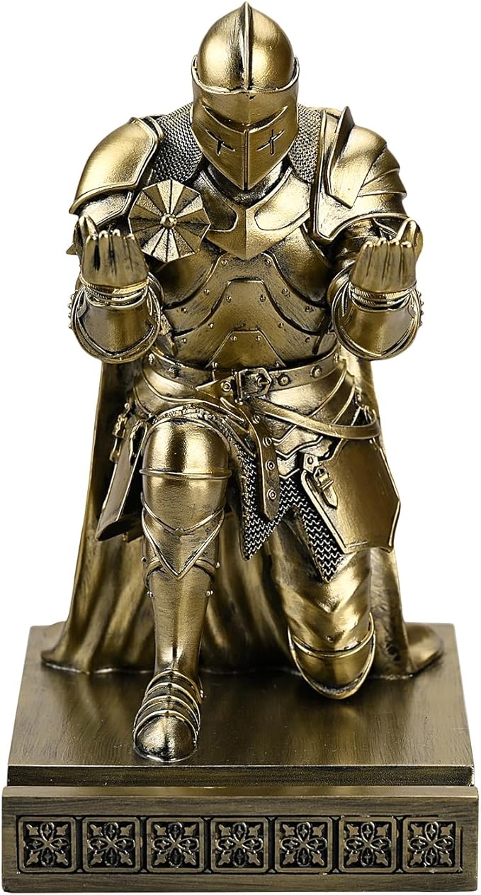 Amoysanli Medieval Armored Warrior Wearing Outerwear, Mobile Phone Stand Knight Pen Holder Desk Organizers, Resin Bookends Paperweight with a Letter Opener for Desk (Bronze)