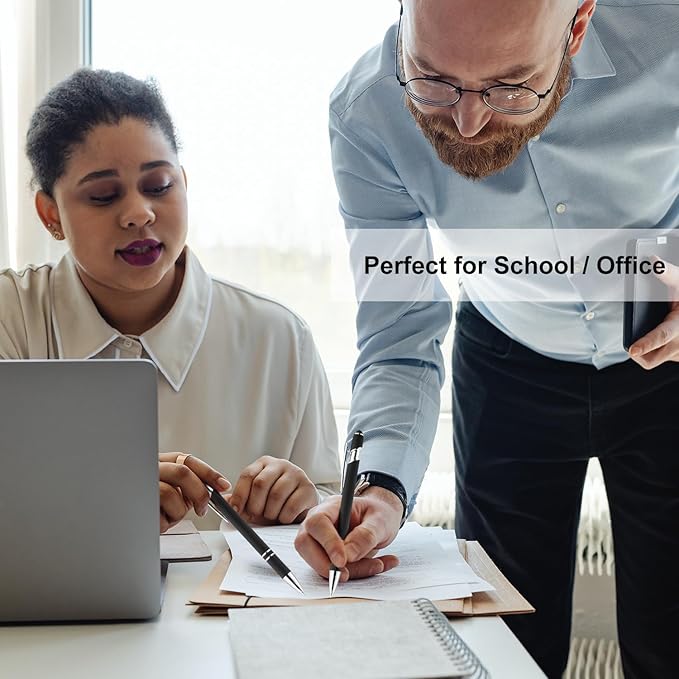 LINFANC 12 Pack Black Silver Ballpoint Pen with Stylus Tip, 1.0 mm Black Ink Smooth Writing Pens, Metal Stylus Pens for Touch Screens