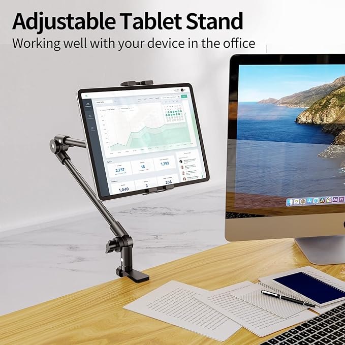 KDD Tablet Stand Holder, Adjustment iPad Phone Mount, 27in Long Arm Webcam Stand Projector Camera Mount for Desk, Fit for 4.7"-12.9" Devices, iPad Pro 12.9 Air Mini, Galaxy Tabs, Switch, iPhone