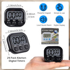 Leumoi 24 Pcs Digital Kitchen Timers Magnetic Back Timers Bulk Large Screen Loud Alarm On/Off Switch Minute Second Count up Countdown Memory Setting for Cooking Classroom Exercise (Black)