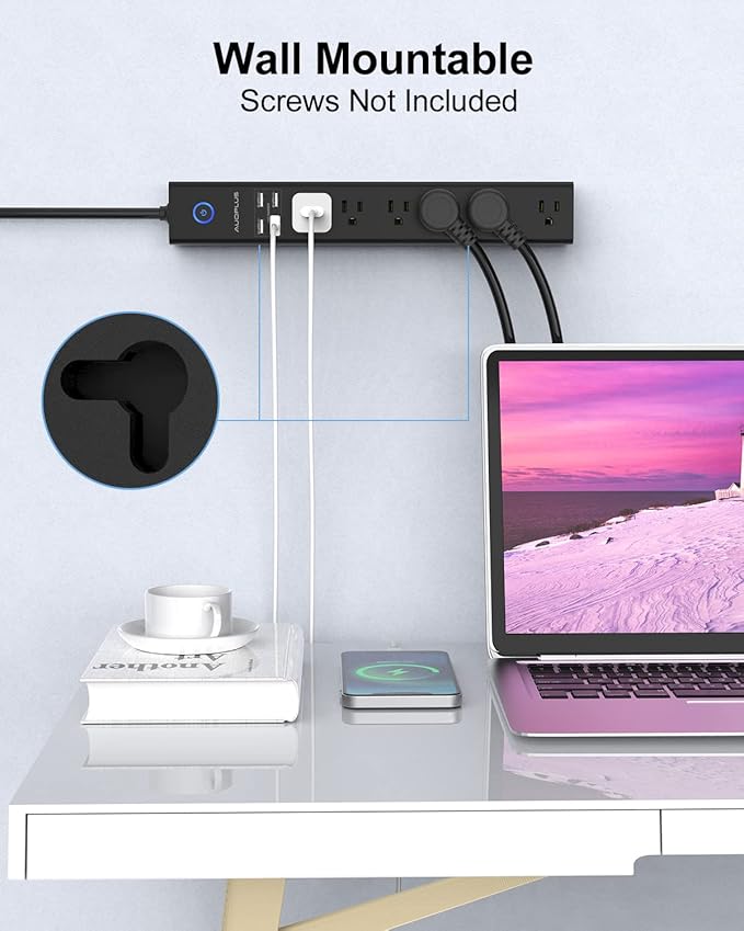 15 Ft Power Strip Surge Protector, 6 Outlets and 4 USB Ports, Flat Plug Power Strips Long Extension Cord with Overload Protection, Wall Mount for Home, Office, Dorm, ETL Listed Black