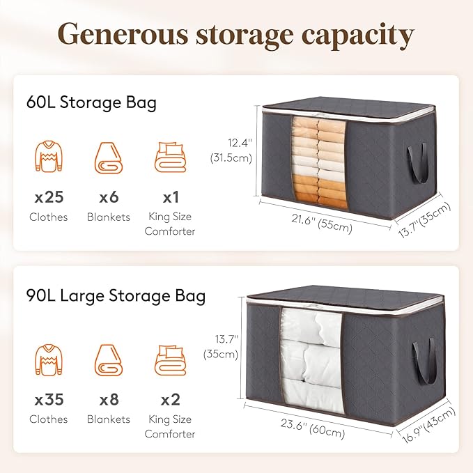 Lifewit 10 Pack Clothes Storage, Foldable Organization Bins with Lids and Clear Window for Blanket, in Closet with Reinforced Handles for Clothing, Bedding, Gray
