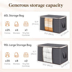 Lifewit 12 Pack Clothes Storage Bins with Lids, Foldable Blanket Storage Bags with Zippers, Clear Window and Reinforced Handles, Closet and Organization for Clothing, Sweater, Comforter, Bedding, Gray
