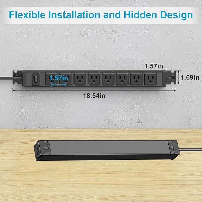 HHSOET 2 Pack Metal 360° Rotating Mountable Power Strip, 8 Outlet Gaming Table Mounted Long Power Strip, Heavy Duty Wall Mount Surge Protector with Switch, 15A 125V 1875W, 10ft Power Cord.(Black)