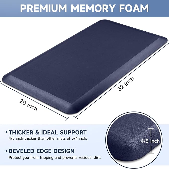 4/5 Inch Thick Kitchen Mats for Floor, StepRite Kitchen Rug for Standing Desk, Non-Slip, Thicker, Stain Resistant, Waterproof, Comfort Anti Fatigue Floor Mat for Home, Kitchen, Office - Blue,32*20''