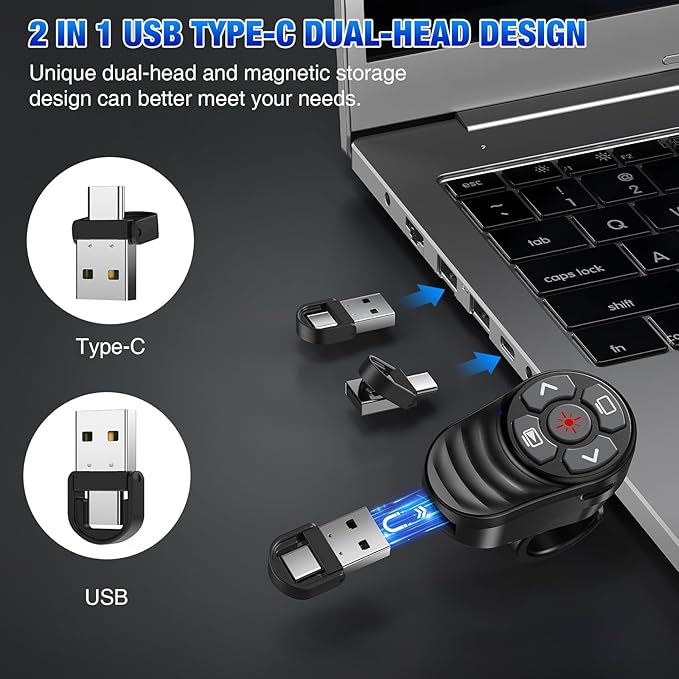 Rechargeable USB Type C Wireless Presentation Clicker, Finger Ring Clicker Powerpoint Clicker with Red Light & Volume Control, Wireless Presenter Remote Pointer for Slide MAC Computer PC Laptop