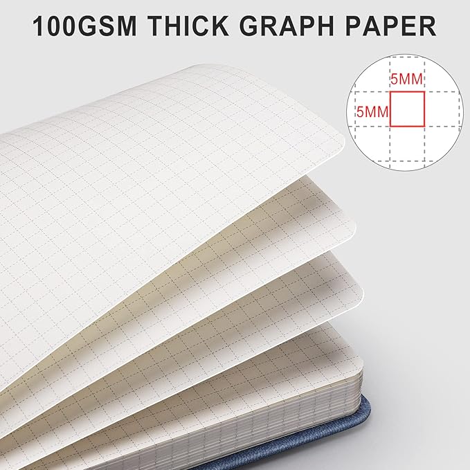 AHGXG Graph Paper Notebook - 320 Pages Grid Notebook Thick Journal A5, 100gsm Thick Graph Paper, Leather Hardcover, Inner Pocket,5.75'' × 8.38''- GrayBlue