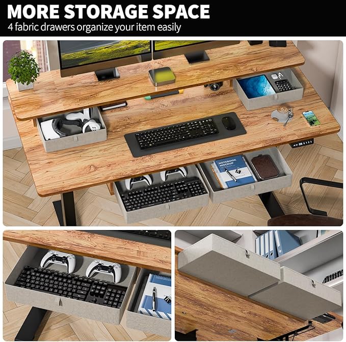 Kingant 63 x 30 Inch Electric Standing Desk with 4 Drawers, Adjustable Height Computer Desk for Home Office, Large Workstation Sit Stand Up Desk with Built-in USB A/C Ports, Light Rustic Brown