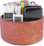 Hennaja Remote Control Holder, 360°Spinning PU Leather Desk TV Remote Caddy,Desk Storage Box Room Accessories for Controller, Media,Mail,Calculator, Mobile Phone,Pencil(1-Carved Brown)
