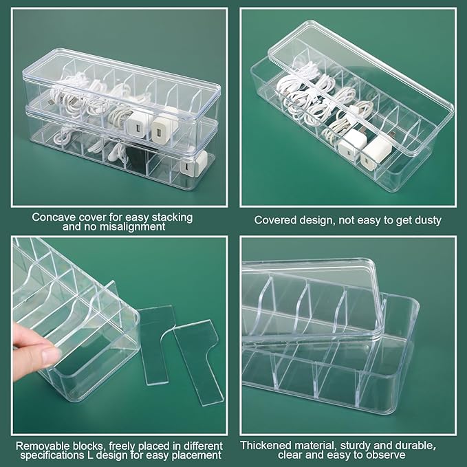ProSuites Cable Organizer Box with Lid, 5 Pcs Clear Cord Storage Organizer with 50 Cable Ties 108 Cable Labels, Charger Organizer for Office Desk Drawer Organizers and Accessories