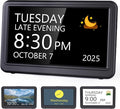Raynic Date Clock, Digital Calendar Clock with 12 Themes, 20 Alarms, 20 Reminders, Semi-Automatic Dimming, 12/24 Hours, Auto DST for Desktop, Office, Students (Black, 7 Inches)