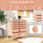 Happygrill 12-Drawer Rolling Storage Cart, Multipurpose Storage Cart W/Lockable Wheels, 2 Sizes Plastic Drawers & Metal Shelf, Mobile Utility Cart for Home Office School (Peach Fuzz)