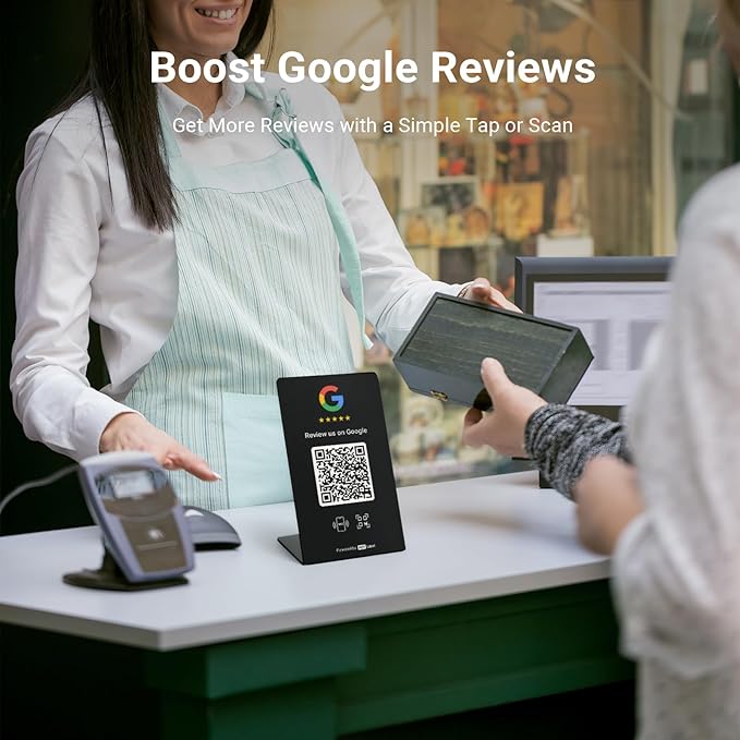 HotLabel – Google Review Stand 3-Pack + Bonus Google Review Tap Card 3-Pack – Black – NFC Tap & QR Code – Supports 6 Different Stores or Same – All Phones Compatible – No App/Subscription