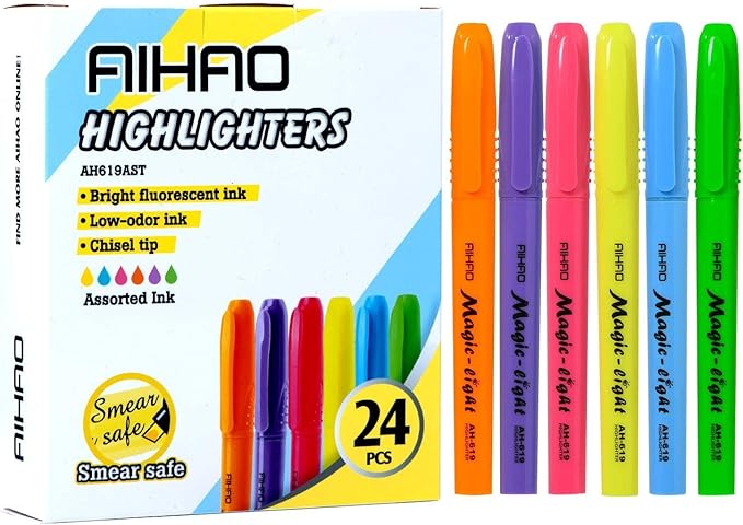 AIHAO Highlighters Assorted Colors, Chisel Tip Highlighter Pens, Pocket-Style, Assorted Ink Colors, 24 Pack