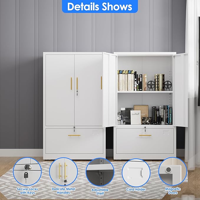 1 Drawer Lateral File Cabinet with Lock, Metal Filing Storage Cabinet with Locking Doors and Adjustable Shelf for Home, Office, School, Fits A4/Letter/Legal Size Folders, White