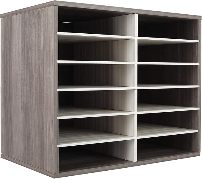 TQVAI Wood Literature Organizer, 12 Slots Hold 6000 Sheets A4 Papers, Wooden Desk Paper File Storage Organizer with Adjustable Shelves, Mailbox Cubbies for Office Home Classroom, Retro Grey/White