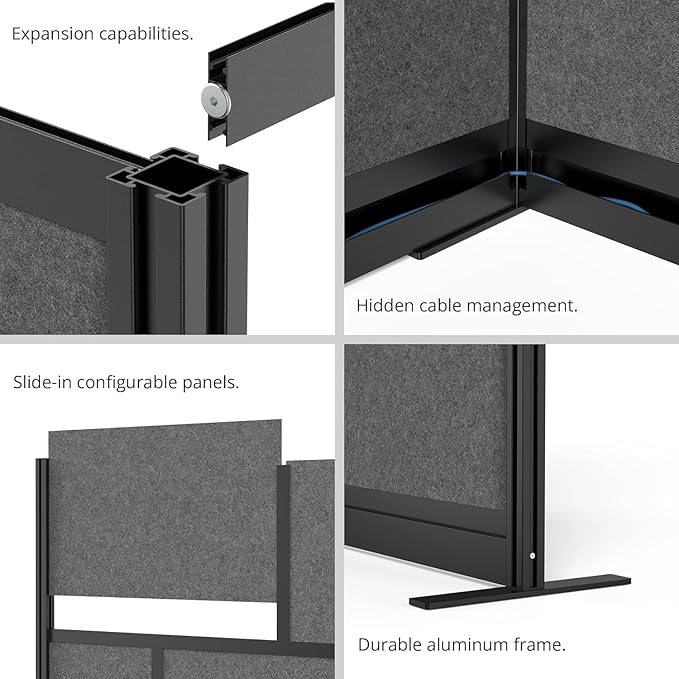 Stand Up Desk Store Expanse Modular Wall | 53'' x 70'' Wall | Expandable Partition Room Divider with Rearrangeable Frosted Acrylic & Sound Absorbent Panels (Black Frame)