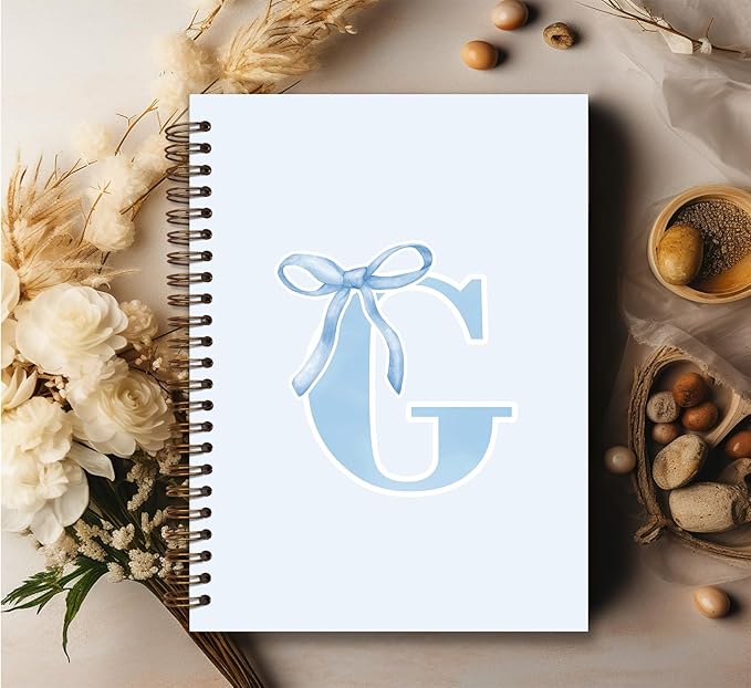Initial G Notebook Journal,Personalized Teen Girl Gifts,Coquette Trendy Preppy Blue Bow Spiral Notebook,Monogrammed Gifts for Women Teen Girl,College Ruled Hardcover Spiral Notebook 5.5 x 8.3