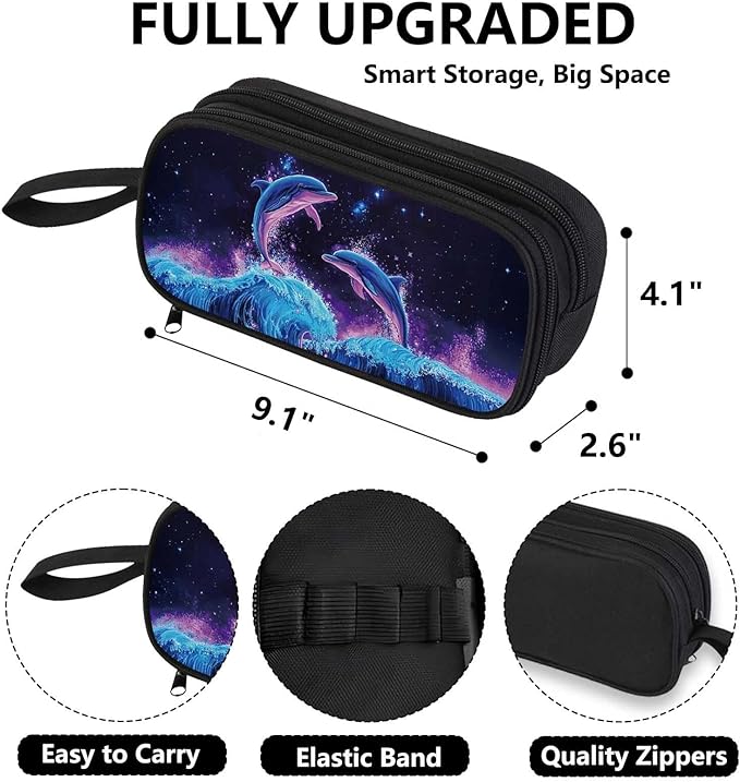 AnySmic Dolphin Pencil Case for Boys Girls, Large Durable Pencil Pouch for Kids, Polyester Big Capacity Pen Case, Double Zipper, Pen Box for Children Age 6+