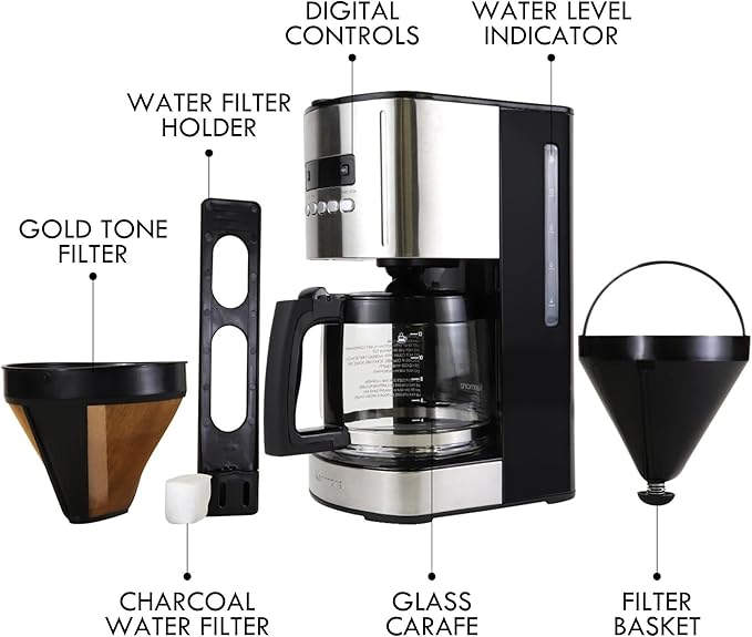 Kenmore Drip Coffee Maker - 12 Cup Programmable Cafe Machine With Glass Pot, Regular & Bold Brew, Auto Shut Off Large Water Reservoir, Reusable Filter, Kitchen Appliances For Cafeteria Barista, Black