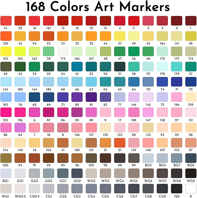 ABEIER Alcohol Markers, 168 Colors Dual Tip (Fine & Chisel) Art, Coloring Markers for Adults Kid, Ideal for Book Drawing Sketching Painting, Card Making, Includes 1 Colorless Blender